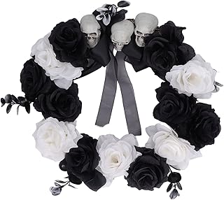 Halloween Wreath, Deadwood Skull Black White Flowers, 13.7inch Halloween Deadwood Skull Flower Wreath with Haunted House Decor, Skull Black White Flowers Wreath for Front Door