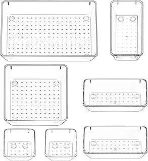 سلفار مجموعة صواني تنظيم ادراج المكتب من 7 قطع صناديق تخزين بلاستيكية شفافة الحمام فواصل فانيتي منظم لغرفة النوم وخزانة المكياج وادوات المطبخ والمكتب ألوان متعددة