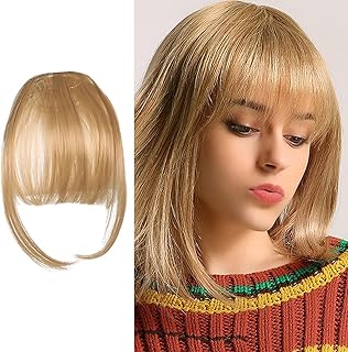 Clip in Bangs Lightweight Front Face Fringe Bangs One Piece Straight Hairpiece Wispy Bangs Fake Bangs Extensions Human Hair Clip in Fringe Curved Bangs for Daily Wear (Gold)