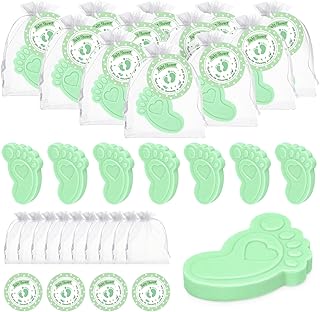 50 Sets Baby Shower Favors for Guests Baby Feet Soap Party Favors Mini Handmade Scented Soap with Thank You Tags and Organza Bags for Gender Reveal Baptism Decorations Souvenirs Gift (50, Green)