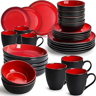 MIAMIO – 30-Piece, Service for 6 Dishware Set/Stoneware Dinnerware Set – Including Plates, Bowls and Mugs – Microwave & Dishwasher Safe – Le PaPillon Collection (Red)