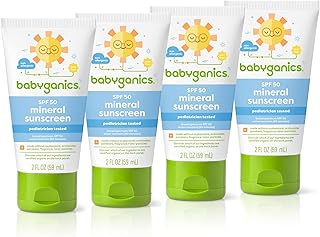 Babyganics SPF 50 لوشن واقي من الشمس للأطفال بحجم السفر وحماية من الأشعة فوق البنفسجية UVA | مقاومة الماء | غير مسببة للحساسية ، 4 عبوات (2 أونصة)، منبيبي جانيك، 2.0 اونصة، 2.0 أونصة سائلة