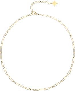 18k Gold Paperclip Chain Choker Satellite Chain Lava Bead Pendant Necklace Dainty Jewelry for Women 16''