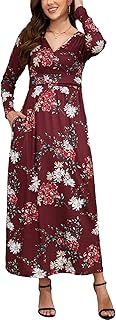 Women's Long Bohemian Floral Print Maxi Dress with Pockets Long Sleeve Maxi Dress Adult High Waist Evening Cocktail Dress White Black Large Size