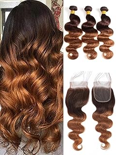 2 Tone Ombre Body Wave Hair 3 Bundles with 4x4 Free Part Lace Closure 100% Unprocessed Brazilian Remy Virgin Hair Body Wave Human Hair Bundles with Closure (16 18 20+14" 4x4 Closure)