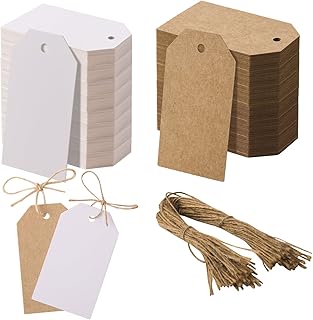 100pcs Strung Tags Brown and White Reinforced Card Clothing Parcel Label Twine Hanging Gift Swing Tickets Kraft Hang Price Labelling