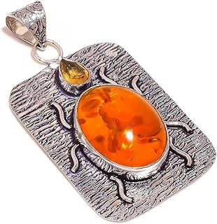 Oval Amber & Pear Citrine Gemstone Antique Handmade Engraved Oxidised Pendant, 2.2in, Stone, oval amber pear citrine