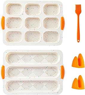 Tazweeq Set of 4 Silicone Baguette Pan with Gloves & Brush, Non-Stick, Heat Resistant Baking Mold for DIY Cooking, Includes French Bread, Hot Dog & Hamburger Rolls Forms Tray for Oven