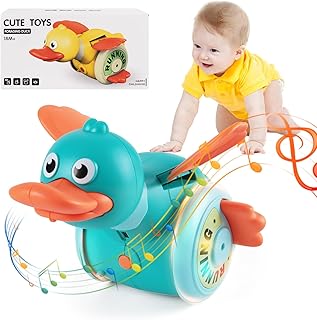 KRSEUB Dancing Duck Toy,Infant Crawling Toys for Encourgaing Baby Walking & Moving,360 Rotating Musical Tummy Time Toys with Lights, for 0-3-6 6-12 12-18 Months Baby Gifts(Blue)