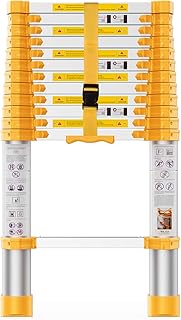سلم تمديد تلسكوبي 12.5 قدم عالي التحمل، سلم تلسكوبي من الالومنيوم مع مواد / ملحقات مطورة، اصفر