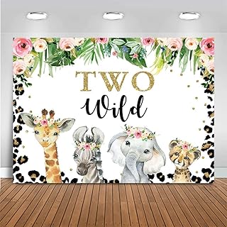 Mocsicka Two Wild Backdrop for Girl Jungle Safari Animals 2nd Birthday Party Decoration 7x5ft Floral Leopard Photo Background for Birthday Banner (7x5 قدم (82x60 بوصة)