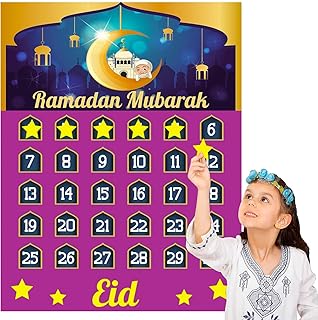 تقويم رمضان المجيء 2024 عيد مبارك تقويم العد التنازلي للاطفال مع 30 ملصق متتبع التاريخ قابل لاعادة الاستخدام، ملصق منزلي اسلامي عربي اسلامي، ديكور حائط (ايه)