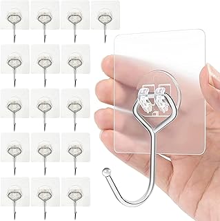 Charfia Pack of 16 15 kg (Max) Self-Adhesive Hooks Extra Strong Large Adhesive Hooks Transparent Hooks Self-Adhesive Wall Hooks Self-Adhesive for Kitchen Bathroom Wall & Ceiling Hanger