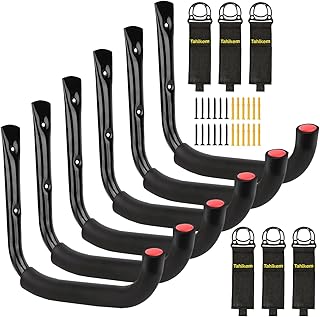 مجموعة خطافات تثبيت على الحائط للجراج، خطاف حائط كبير 7 انش، خطاف تخزين متعدد الاستخدامات من بلاستيك تاهيكيم مع شماعات اسلاك تمديد وشماعات شديدة التحمل لتعليق السلم وجزازات الكابلات، 6 قطع - خطافات J