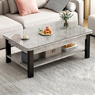 KHCEYT 2 Layer Fashion Coffee Tables,3C Tempered Glass Top Coffee Table,with Open Shelving for Storage And Display 2 Tier Sofa Table,Home Living Room Furniture Coffee Table(Grey)