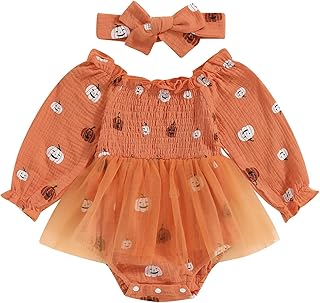 Fiacafyo Newborn Baby Girl Pumpkin Halloween Outfit Ruffle Ruched Bubble Bodysuit Fall Outfit Long Sleeve Cute Romper Dress with Headband Set