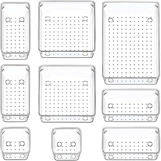 مجموعة منظمات أدراج بلاستيكية شفافة من 9 قطع 4 أحجام متعددة الاستخدامات لتنظيم الحمام صناديق تخزين للمجوهرات والمكياج والأواني في غرفة النوم والخزانة والمكتب والمطبخ