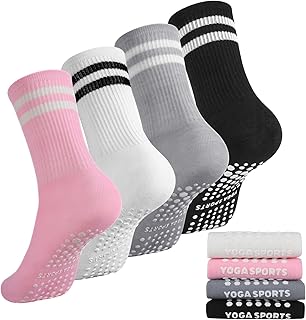 4 Pack Women Pilates Socks, Women's Non-Slip Yoga Socks, Women's Non-Slip Socks for Yoga, Pilates, Ballet, Dance, Rose Noir Blanc Grey, M