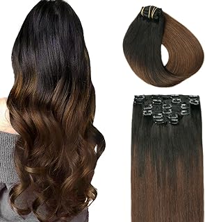 SURNEL Hair Extensions Clip in Human Hair Double Weft Clip in Hair Extensions for Women Color 1B Off Black Fading to 4 Middle Brown Full Head Thick End 16 inch 100 Gram 6 Pcs(#1BT4,16'')