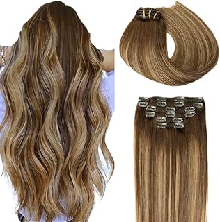 SURNEL Clip in Hair Extensions Human Hair 6Pcs Balayage Chocolate Brown to Caramel Blonde Hair Extensions Straight Double Weft Clip in Hair 16inch 100g (#/4/27/4,16'')