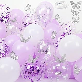 Purple Silver Balloons and Butterfly Stickers Set, 30 PCS 12 Inch Confetti Balloons, White and Purple Balloons with 12 PCS Silver Butterfly Stickers for Wedding, Birthday, Party Decorations