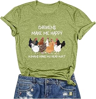 Women's Letter Print Short Sleeves Casual Tops Funny Chicken Graphic T-Shirt Red, Red, L