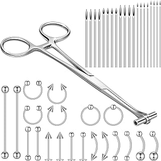 مجموعة ادوات ثقب الجسم تتضمن ملقط كماشة مشابك وحاجز من 20 قطعة ابر من الستانلس ستيل 316L و20 قطعة من حلقات الانف ومجوهرات الاذن والشفاه والبطن والسرة واللسان (نمط كلاسيكي)، 41 قطعة, ستانلس ستيل