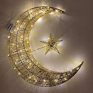 فانوس رمضان وديكورات رمضان للمنزل مصباح بإضاءة LED هلال للعيد المبارك مع بطارية لتزيين الغرفة مع 100 مصباح LED مقاس 50 سم من لوبس