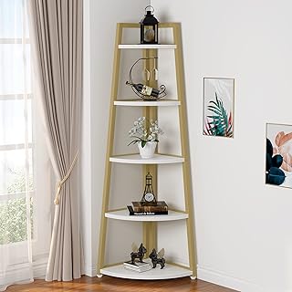 Tribesigns 70 inch Tall Corner Shelf, 5 Tier Corner Bookshelf Bookcase Modern Corner Ladder Shelf Plant Stand for Living Room, Kitchen, Home Office (Gold)