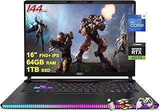 MSI لابتوب العاب رايدر GE68HX 16 انش FHD+ IPS 144Hz انتل 24 كور i9-14900HX 64GB RAM 1TB SSD جيفورس RTX 4070 اضاءة خلفية RGB ثاندربولت 4 USB-C دينوديو FHD كاميرا خصوصية بالاشعة تحت الحمراء ويندوز 11 مع