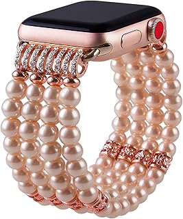 VIQIV for Handmade Beaded Compatible with Apple Watch Band 38mm 40mm 41mm 42mm 44mm 45mm Iwatch Series SE 7/6/5/4/3/2/1, Elastic Stretch Faux Pearl Bracelet Replacement Wristband Strap for Women Girls