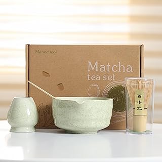 Matcha Set Match Bowl with Spout and Matcha Whisk Holder Whisk Tea Set Includes and Bamboo Scoop Ceramic 15 OZ - 4pc Perfect Matcha Kit for Matcha Tea Ceremony (Mottled Green)