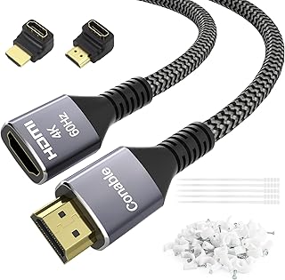 كيبل وصلة HDMI 4K بطول 20 قدم، كيبل HDMI 2.0 مضفر ذكر الى انثى، نحاس نقي ثلاثي الابعاد 4K@60Hz 2160p 1080p HDR HDCP 2.2 ARC (مع 25 ربطة، 25 مسمار U، 2 محول HDMI)- 20 قدم