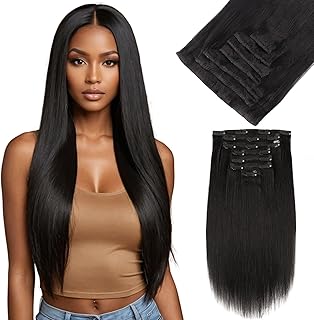 Yuniffe Seamless Yaki Straight Clip in Hair Extensions for Black Women Real Human Hair Extensions Clip ins Natural Black Double Weft Remy Hair Extensions 14 Inch 7Pcs 120g