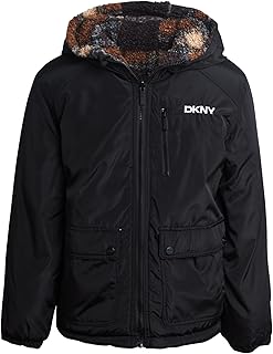 DKNY جاكيت منتفخ للاولاد - جاكيت شتوي من الشيربا بغطاء للراس وسحاب قابل للعكس - جاكيتات خارجية للاولاد (8-20)