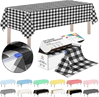 CXPSINC Plastic Table Cover Roll with Slide Cutter, Disposable Tablecloth Roll for Picnic, Party, Banquet, Birthdays, Weddings (Black Checkered, 54 Inch X 100 Feet)