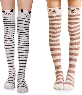 Womens Over Knee High Fuzzy Socks Cute Cartoon Thigh High Stockings Warm Stripe Leg Warmers