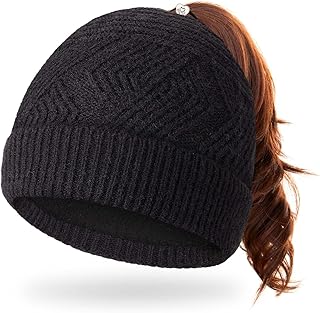 Ponytail Knit Cap, Women Beanie Bun Hair Hat Fleece Lined Beanie Pom Ponytail Cap Knit Ponytail Hat Fleece Ponytail Beanie Tail Knit Hat with Hole and Fleece Lining Hole Knit Beanie, Black