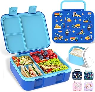 Anyiner Kids Lunch Box, Leakproof Bento Lunch Box with Multi-Compartments & Sauce Jar, Portable Snack Box Mermaid Bento Box for Kids Adults Work School, Blue Truck