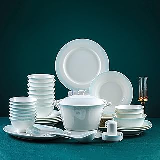 Bone China Dinnerware Set, Porcelain Fine Bone China Kitchen Dining Serving Dinner Round Tableware Combi-Set with Round Bowls Dessert Soup Fish Plates and Soup Pot (42 Pieces Service for 6 People)