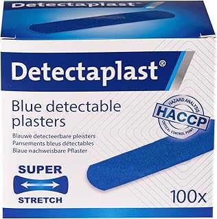 Detectaplast 100 x Waterproof Elastic Blue Food Handling Plasters, Detectable Plasters for First Aid Kits in Catering, 19 x 72 mm