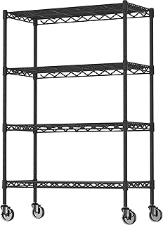 وحدة ارفف تخزين شديدة التحمل قابلة للتعديل من 4 رفوف على 4 عجلات، رف سلكي منظم معدني للغسيل والحمام والمطبخ وخزانة المؤن، اسود