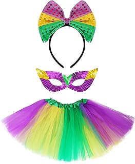 Fumwase 3Pcs Mardi Gras Accessory Set Mardi Gras Tutus Skirt for Girls Mardi Gras Bowtie Headband Mardi Gras Mask Mardi Gras Attire Outfit for Girls Halloween Party