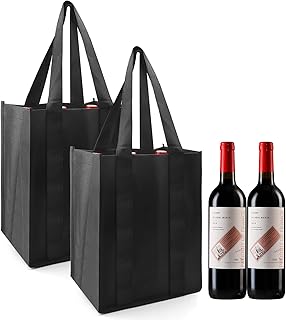 DAWRIS Bottle Carrier, 2PCS Wine Bottle Holder Bag for 6 Bottles, Reusable Compartment Wine Bottle Bag with Carry Handle for Travel Picnic BBQ Party Carry Wine Drinks, 31 x 25 x 18cm, Black, Classic