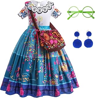 PashaLs Mirabel Dress for Girls, Mirabel Costume Dress Up for Girls, Halloween Cosplay Outfits with Glasses and Clip Earrings