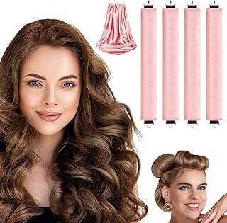 LOPHE 4 Pcs Heatless Hair Curler, Heatless Curls Blowout Rods Headband with Hair Scarf, Soft Hair Roller Rods with Hook, Overnight Heatless Hair Curlers, Women Long Hair Styling Tools, Pink