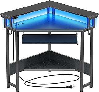 رولانستار مكتب زاوية مقاس 44.5 انش عرض × 34.5 انش ارتفاع، مكتب كمبيوتر صغير مع منافذ طاقة، مكتب العاب مع اضواء LED، مكتب زاوية مثلث مع صينية كيبورد وحامل شاشة للمساحات الصغيرة، اسود