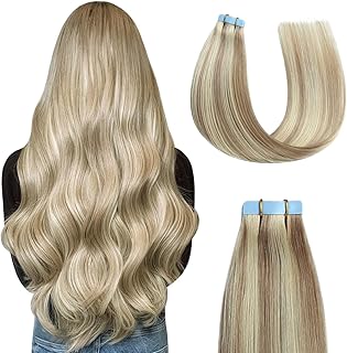 Sunya Tape-In Real Hair Extensions, 30 cm, Blonde Hair Extensions, Ash Blonde Highlight with Bleach Blonde, Remy Hair, Invisible Straight Extensions, #P18/613, 40 g, 20 Pieces/Pack