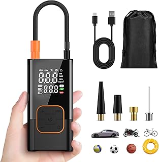 Mini Electric Air Pump with 6000 mAh Battery, Electric Bicycle Pump 150 PSI Portable Battery Bicycle Pump with All Valves, LED Light, Rechargeable Tyre Pump for Bicycle, E-Bike, Car, Motorcycle, Balls