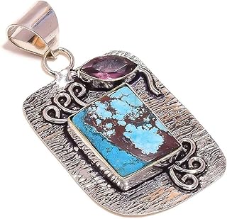 Sediment Jasper & Blue Amethyst Gemstone Antique Handmade Engraved Oxidised Pendant, 2.2in, Stone, Jasper Blue Amethsyt